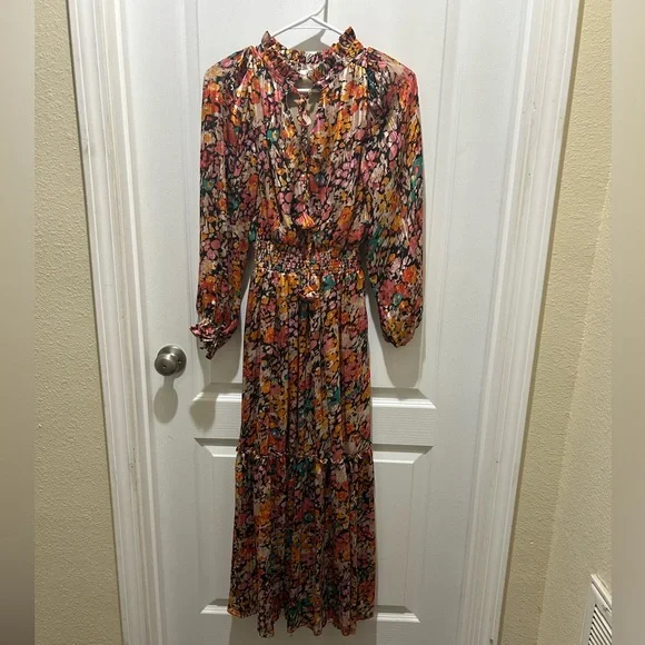 Umgee Women’s Floral Long Sleeve Tie-Neck Dress - Picture 2 of 12